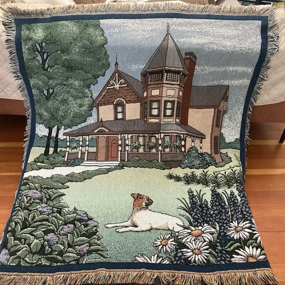Vintage Woven Tapestry Throw Blanket Victorian House Jack Russell 51 X 60